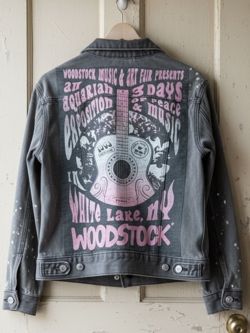Woodstock Music Festival Theme Upcycled Denim Jacket Guitar